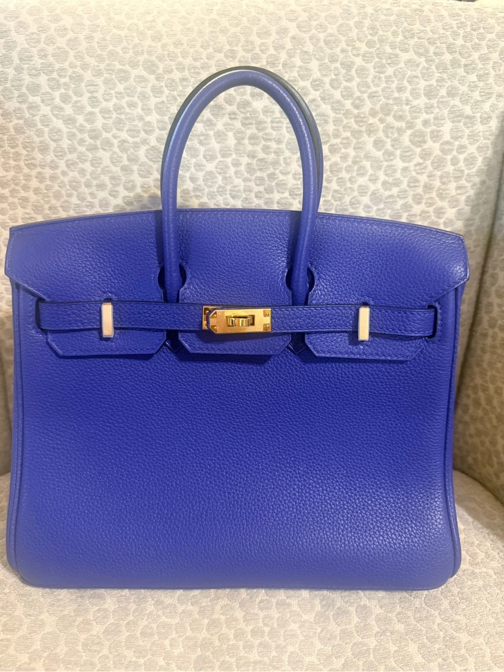 Royal Blue Structured Leather Top-Handle Bag with Gold Hardware Free Shipping